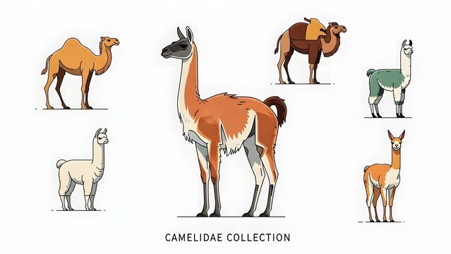 An illustrated collection of various camelid animals, featuring dromedary and Bactrian camels, llamas, alpacas, guanacos, and vicu&ntilde;as.