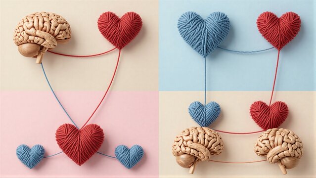 Brain and hearts connected by yarn symbolizing love's neurological
