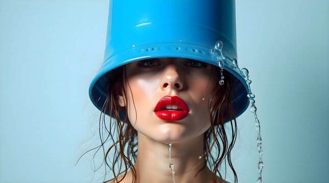 Woman with a blue bucket on her head, funny surreal portrait of female model posing with plastic container object, creative conceptual art