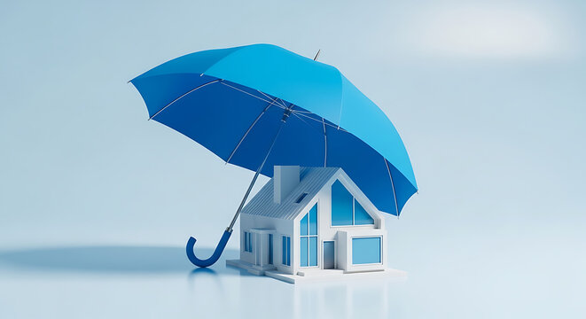 Miniature contemporary residential building prototype sheltered under an expansive azure parasol set against a minimalist pale backdrop representing security and real estate insurance.
