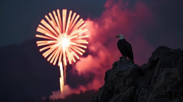 A majestic bald eagle perches stoically on a rocky outcrop against a backdrop of a vibrant fireworks display, symbolizing freedom and national pride during a celebratory night.