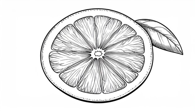 Detailed Black and White Drawing of a Citrus Fruit Slice.