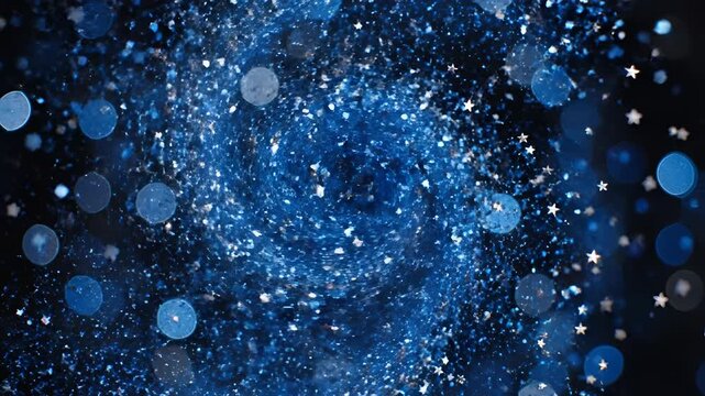 Abstract Blue Glitter Swirl with Bokeh Lights Motion Background.