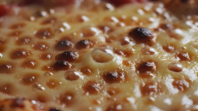 Closeup Macro Shot of Bubbling Cheese on a Pizza Crust.