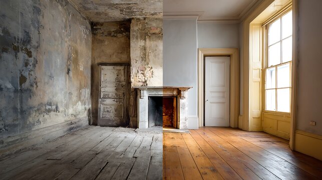 Split showing a dilapidated room interior on the left and a renovated room interior on the right, highlighting a transformation