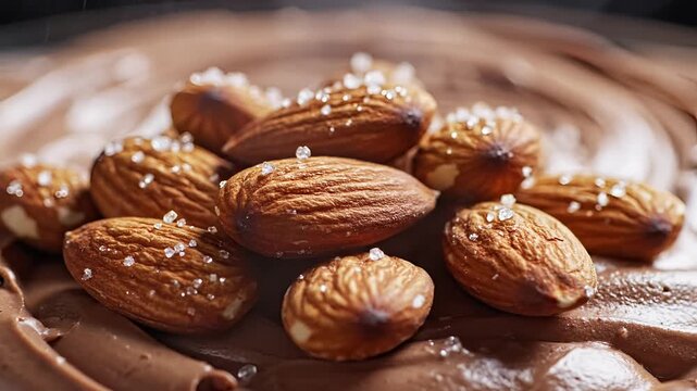 Closeup Macro Shot of Almonds Sprinkled with Salt on a Chocolate Background.
