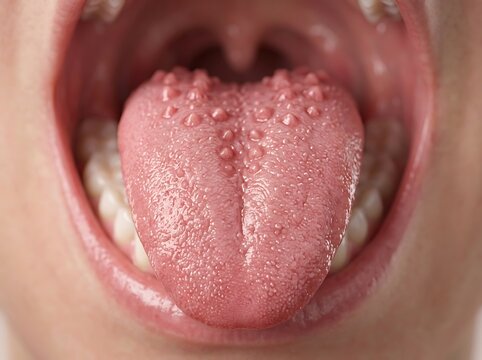 Photorealistic 3D CGI illustration of realistic human tongue detailed oral anatomy natural papillae texture cinematic studio lighting soft pink bokeh background ultra sharp focus realistic color gradi