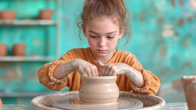 Girl shaping clay pot on spinning pottery wheel in art studio. Medium shot of student learning ceramic craft.