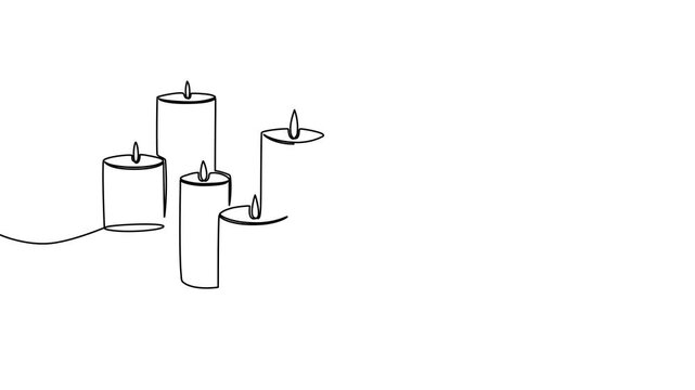 Single continuous line candle drawing with flame and leaf motif, elegant minimalist art symbol ideal for memorial, spa, or harmony concepts, isolated vector illustration design.