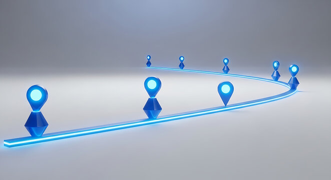Futuristic digital navigation map displaying a luminous glowing trail path with blue geographic location marker pins on a clean white background representing modern travel technology direction.