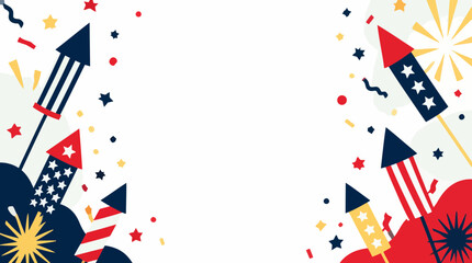 Obraz premium Patriotic firework rockets and stars bursting against a white background frame feeling festive and celebratory for Independence Day with central copy space.