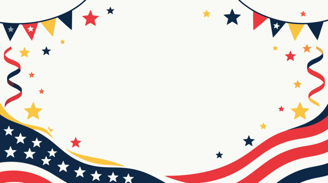 Patriotic American flag elements, bunting, and stars framing a white background for celebration in a bright festive graphic design expressing national pride with copy space.