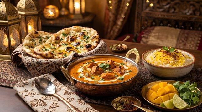 Creamy butter chicken curry paired with warm naan, saffron basmati rice and ripe mango slices, styled with spices and lanterns for a cozy traditional Indian dining scene.