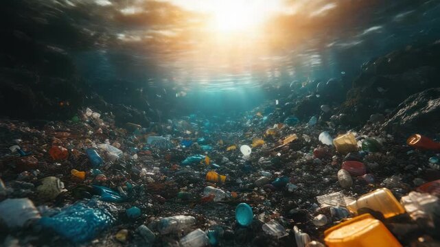 Submerged scene of polluted ocean floor with plastic debris, light rays shining through
