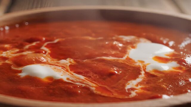 Closeup of Delicious Tomato Soup Being Garnished with Cream.
