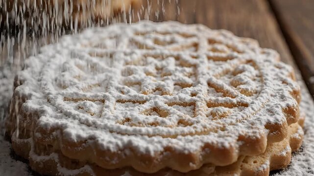 Closeup of Delicious Waffle Cookie Being Dusted with Powdered Sugar.