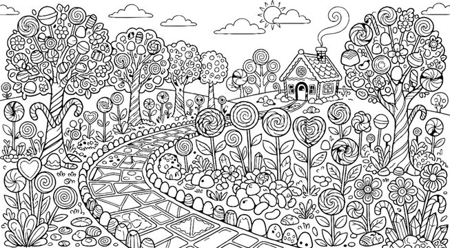Whimsical Candy Land Path Leading to a Sweet Cottage