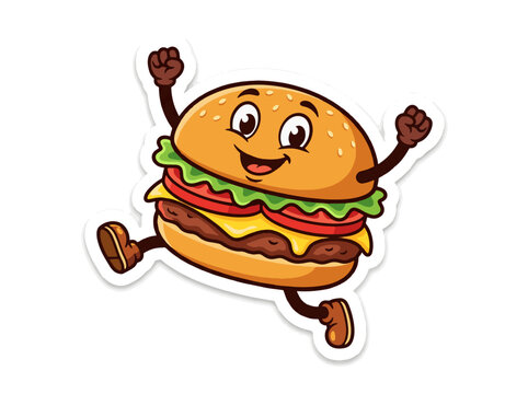 Cheerful cartoon hamburger sticker with raised arms and legs