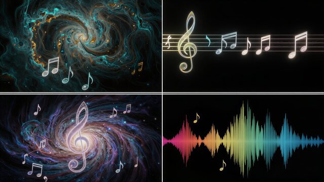 Music notes swirl through cosmic galaxies with sound waves pulsing in