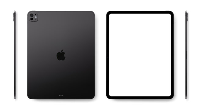 Photorealistic detailed Apple iPad Pro M5 13 inches 2025 Space black mockup. Real dimentions. Front, rear and side views isolated on white background with shadows. Vector editorial illustration