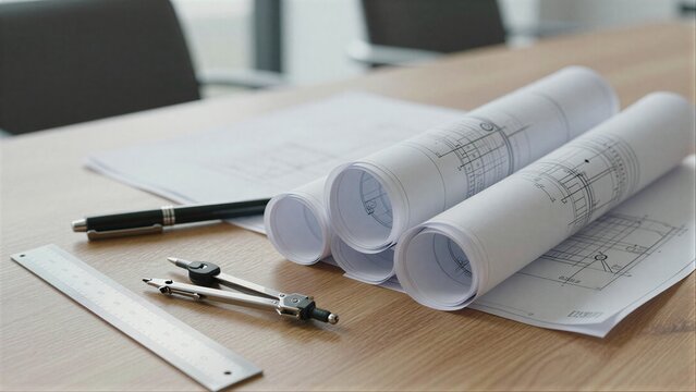 Architectural blueprints and drafting tools on a wooden table.