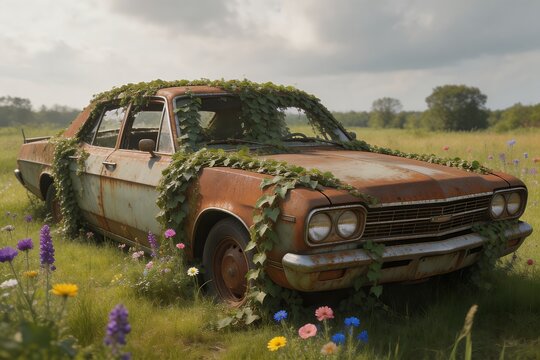 rewilding. An abandoned vintage car completely overgrown with flowers and vines. environmental recovery, nature art, designed for climate change awareness and rewilding stories.