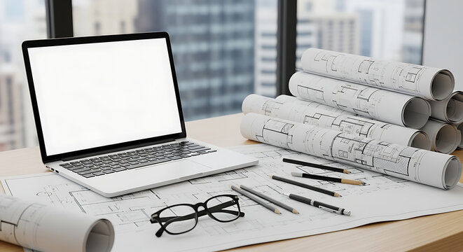 Professional architectural workstation featuring laptop with blank display on drafting desk with technical blueprint graphite pencil and eyeglass within contemporary creative studio office