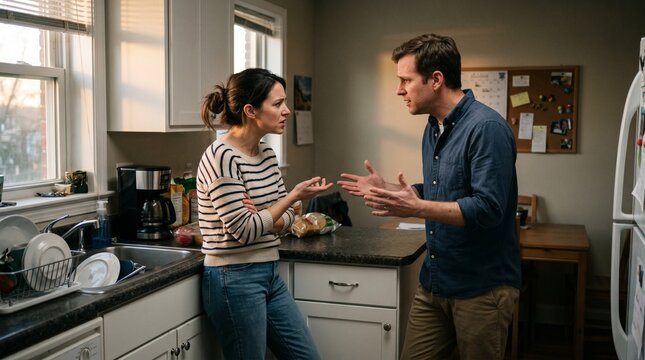 young couple argument in kitchen
