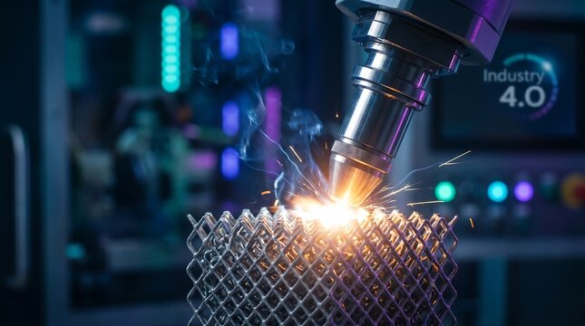 Robotic laser printer manufacturing a metal lattice component in an advanced smart factory.