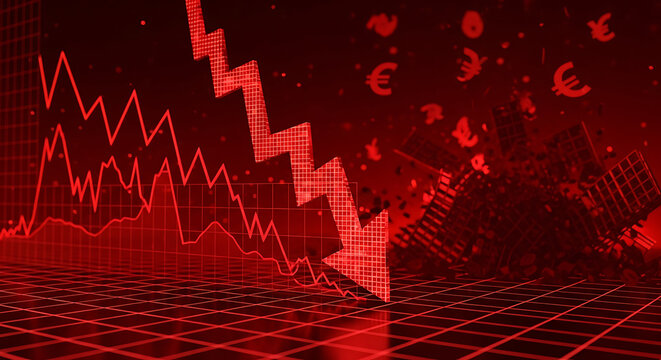 Global financial market crash featuring a plummeting downward arrow and a declining stock graph set against a digital red grid background symbolizing economic recession and crisis.