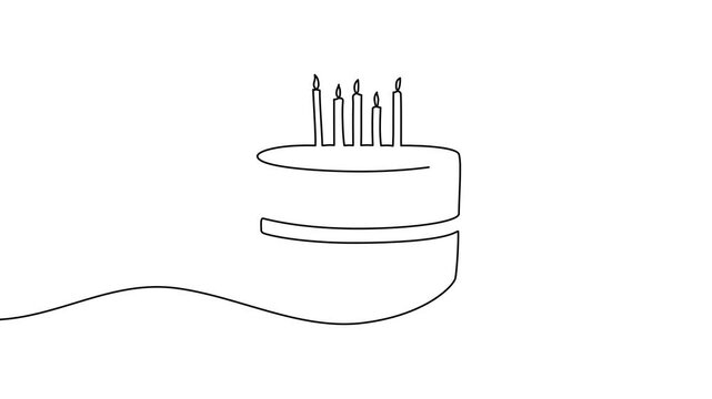Continuous one line birthday cake drawing happy art outline cream. Happy birthday cake hand vector background simple sketch cheesecake pie red candle dessert illustration style white food doodle tart