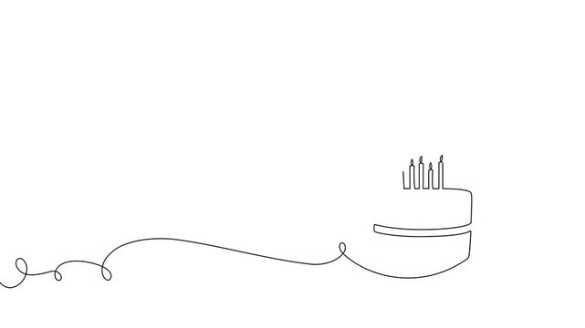 Continuous one line birthday cake drawing happy art outline cream. Happy birthday cake hand vector background simple sketch cheesecake pie red candle dessert illustration style white food doodle tart