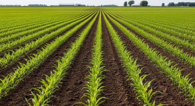 Perfectly Aligned Rows of Young Corn Create a Vanishing Point Perspective.