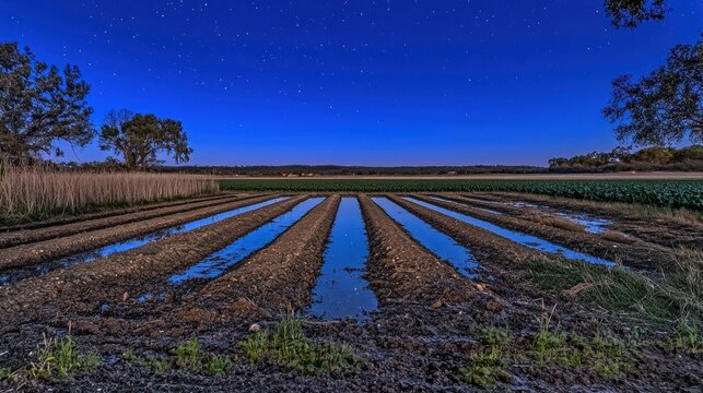 Starlit rows of agricultural furrows reflecting the night sky.