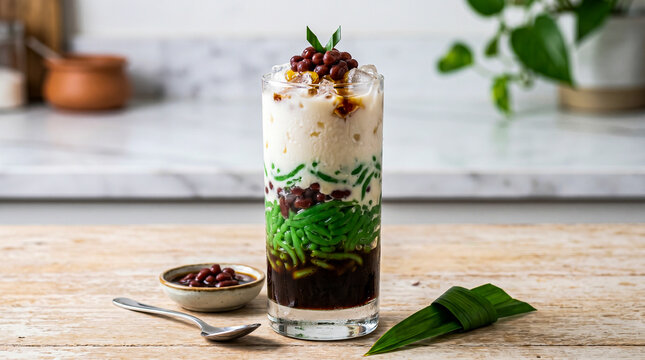 Refreshing cendol iced sweet dessert with green jelly, coconut milk, red beans, and palm sugar in a tall glass.