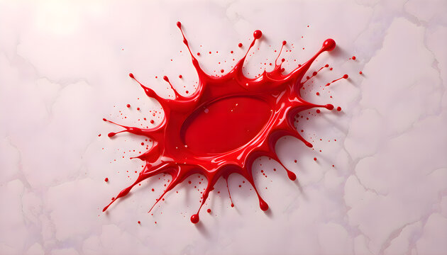 Red paint splattered onto the surface of a table, dynamic fluid blood liquid drop blast, rustic wooden furniture interior design backdrop