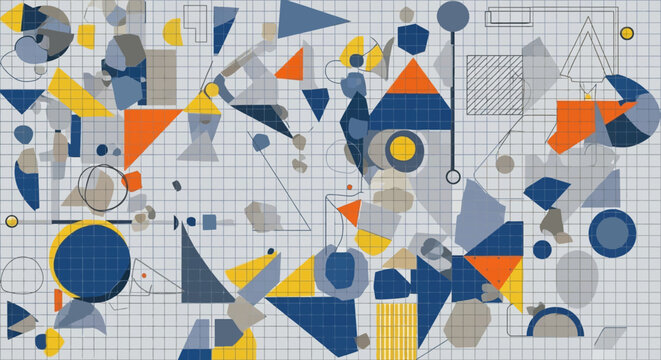 Abstract geometric pattern with blue, yellow and orange shapes