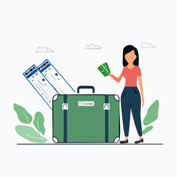 Woman with Suitcase, Tickets, and Money for Travel