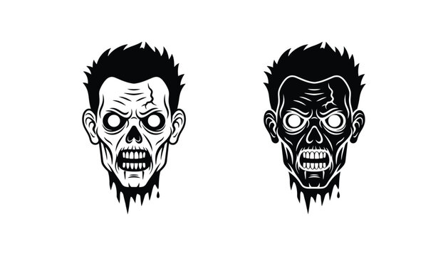 Creepy zombie head silhouette and line art icons for horror and halloween themed graphic projects