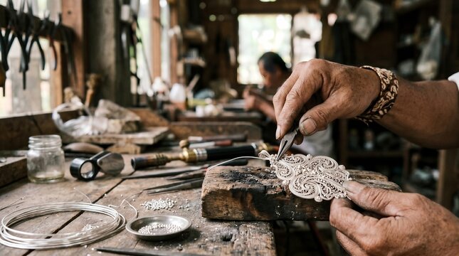 Master Silversmith Engraving Ornate Decorative Silver Jewelry Design Traditional 