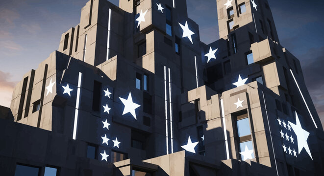 Art Deco skyscraper illuminated with glowing star projections at dusk