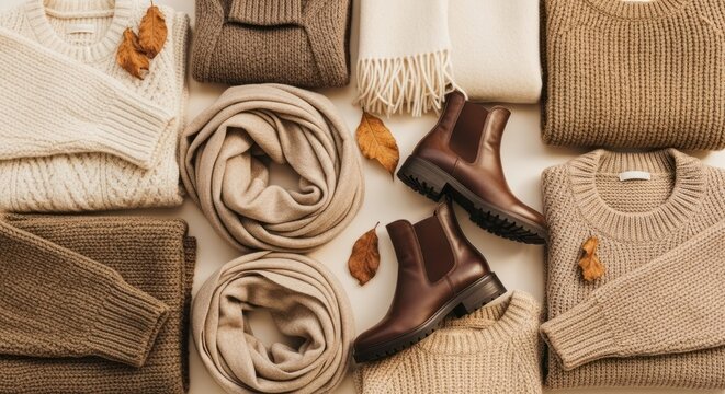 Curated Autumn Wardrobe: Cozy Neutral Knitwear and Leather Boots Flat Lay