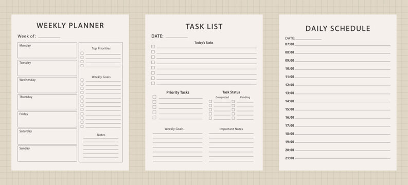 Minimalist weekly planner task list and daily schedule pages with checkboxes