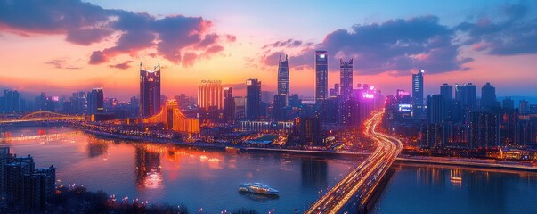 Fototapeta premium Vibrant evening city skyline at sunset with illuminated skyscrapers, glowing bridge and highway light trails over a reflective river, a lone boat and colorful clouds