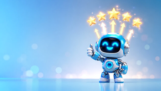 Cute small blue humanoid robot giving a thumbs up with five glowing golden stars rating above its head, concept of customer satisfaction, positive AI feedback, excellence and success.