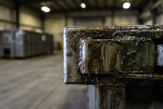 Close-up of waste container latch with thick sludge and grease buildup