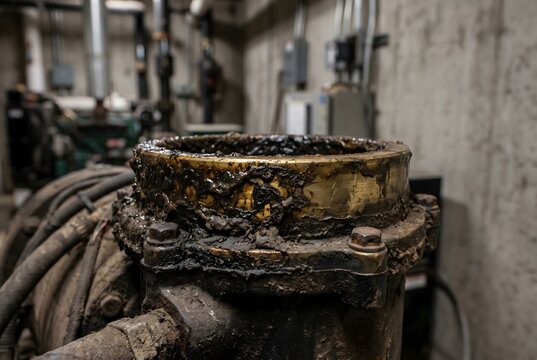 Close-up of generator fuel filter with thick varnished oil and mud buildup