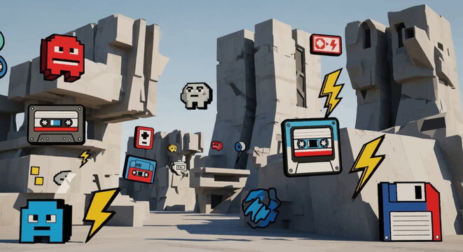 Retro gaming icons and objects in an abstract concrete landscape