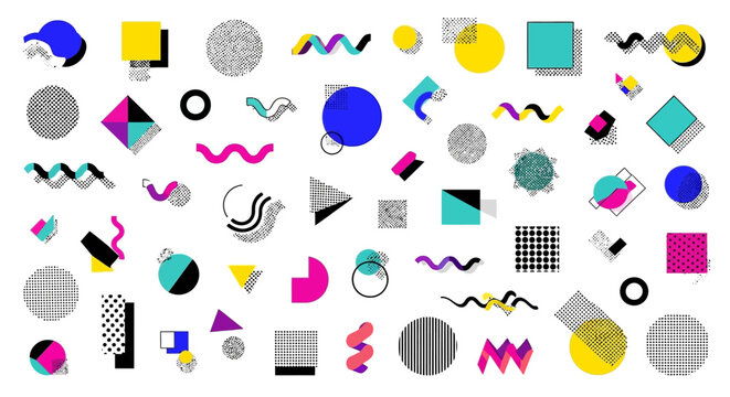 Retro Memphis Design Elements Pack - Geometric Shapes, Patterns, Swirls