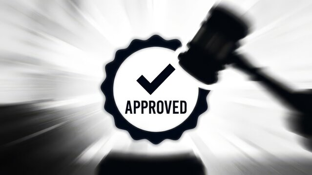 Legal Verdict Approved - Gavel Striking Sound Block with Check Mark